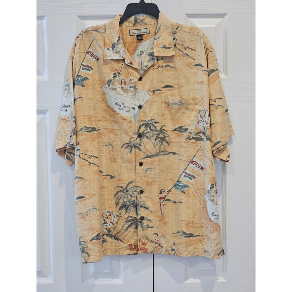 Tommy Bahama 100 % Silk Casual Button Orange Hawaii Print Shirt Men's Large